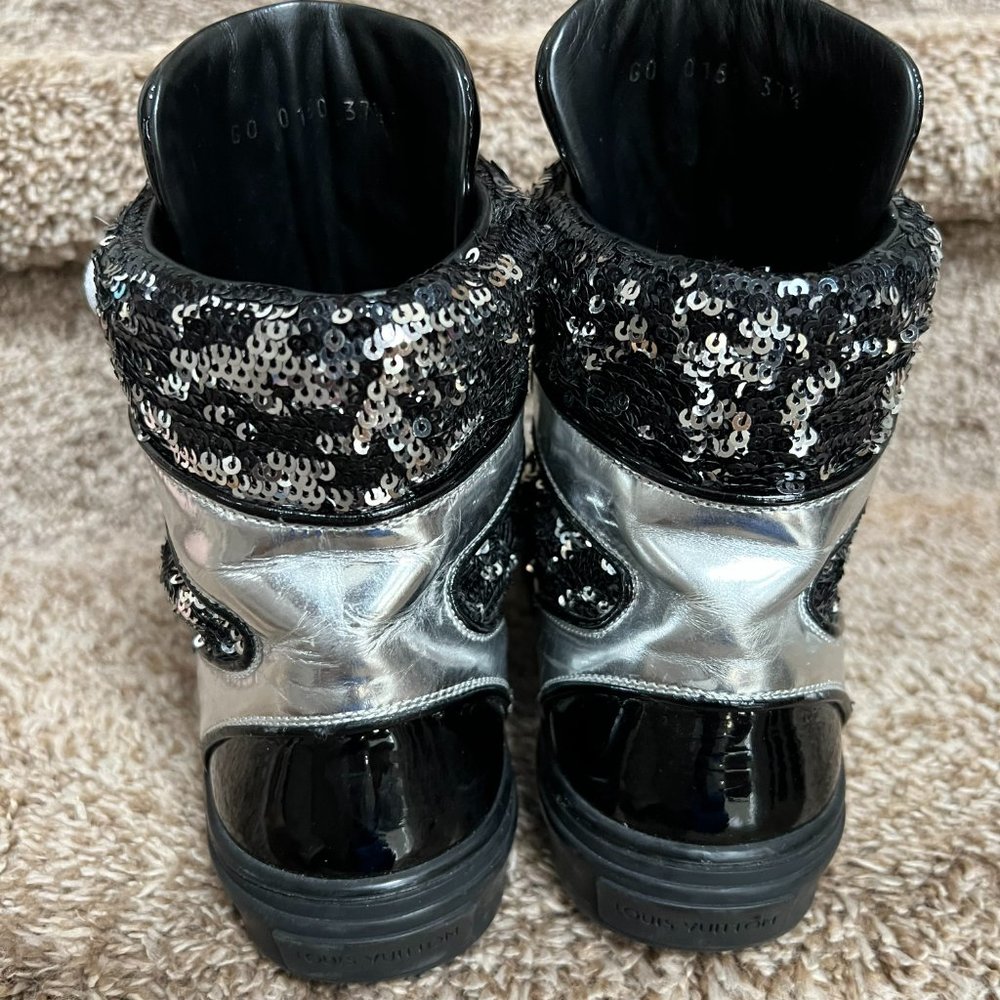 Louis Vuitton Women's Silver & Black Sequin Leather Straps High-Top Sneakers. - Picture 5 of 10